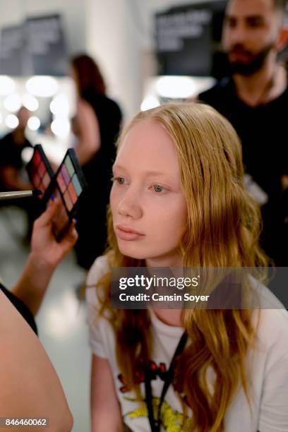 Model backstage ahead of the Umit Kutluk show during Mercedes-Benz Istanbul Fashion Week September 2017 at Zorlu Center on September 13, 2017 in...