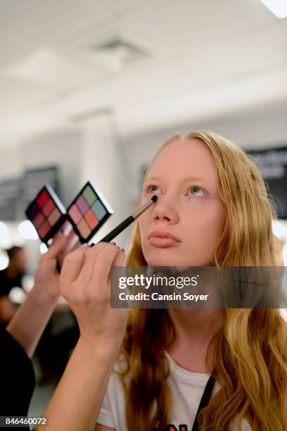 Model backstage ahead of the Umit Kutluk show during Mercedes-Benz Istanbul Fashion Week September 2017 at Zorlu Center on September 13, 2017 in...