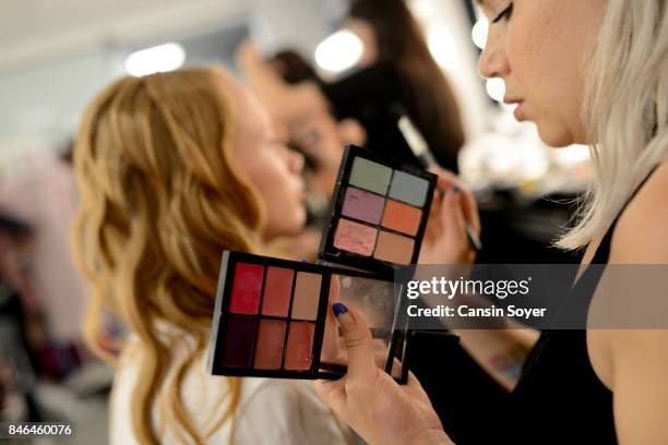 Model backstage ahead of the Umit Kutluk show during Mercedes-Benz Istanbul Fashion Week September 2017 at Zorlu Center on September 13, 2017 in...