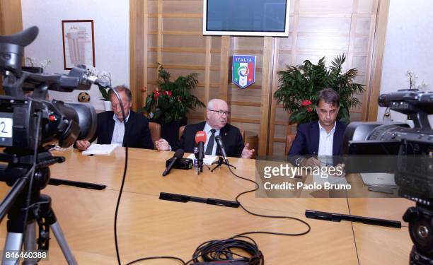 Italian heads coaches President Renzo Ulivieri, FIGC President Carlo Tavecchio and FIGC General Director Michele Uva attend the press conference...