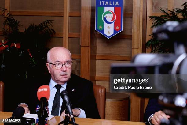 President Carlo Tavecchio attends the press conference after the Italian Football Federation federal council meeting on September 13, 2017 in Rome,...