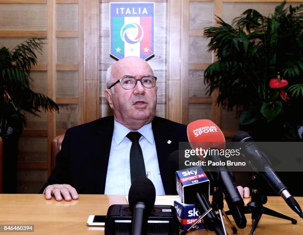 President Carlo Tavecchio attends the press conference after the Italian Football Federation federal council meeting on September 13, 2017 in Rome,...