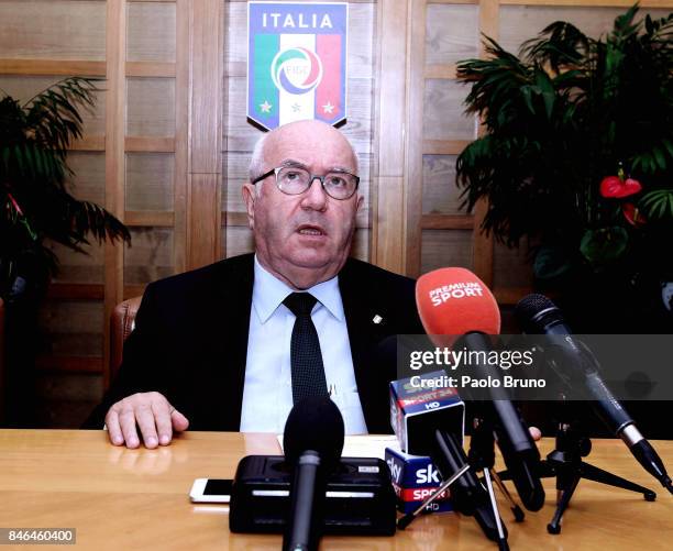 President Carlo Tavecchio attends the press conference after the Italian Football Federation federal council meeting on September 13, 2017 in Rome,...