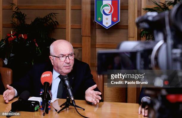 President Carlo Tavecchio attends the press conference after the Italian Football Federation federal council meeting on September 13, 2017 in Rome,...