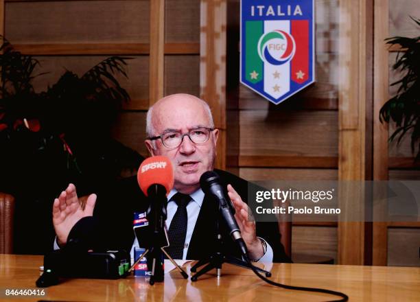 President Carlo Tavecchio attends the press conference after the Italian Football Federation federal council meeting on September 13, 2017 in Rome,...