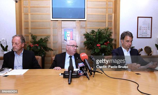 Italian heads coaches President Renzo Ulivieri, FIGC President Carlo Tavecchio and FIGC General Director Michele Uva attend the press conference...