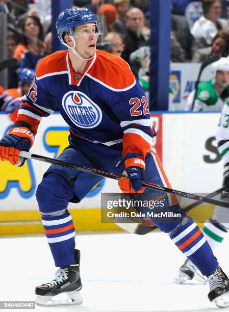 Keith Aulie of the Edmonton Oilers plays in the game against the Dallas Stars at Rexall Place on March 27, 2015 in Edmonton, Alberta, Canada.