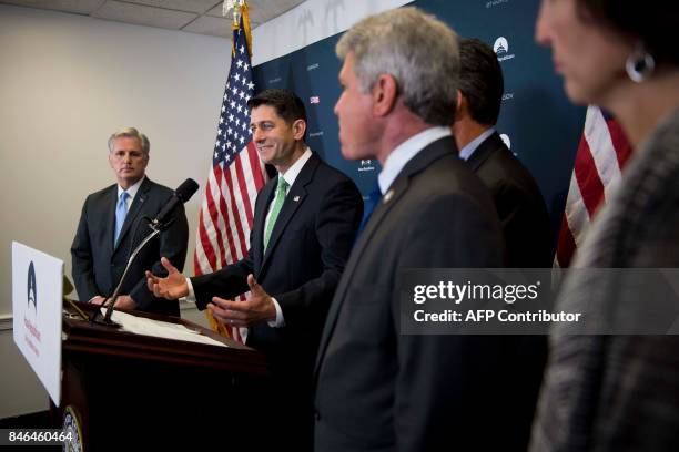 Speaker of the House of Representatives Paul Ryan , with House Majority Leader Kevin McCarthy and other leadership, speaks during a press conference...