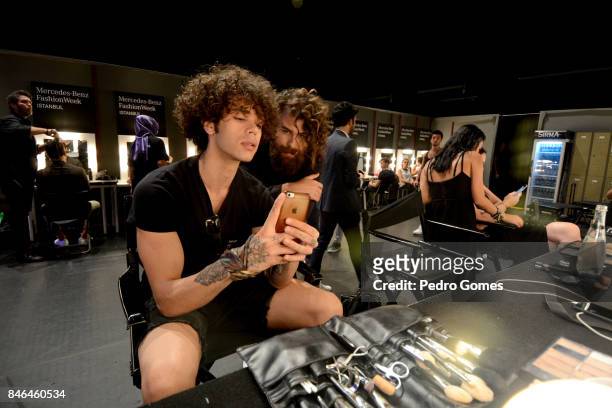 Model backstage ahead of the Giovane Gentile show during Mercedes-Benz Istanbul Fashion Week September 2017 at Zorlu Center on September 13, 2017 in...