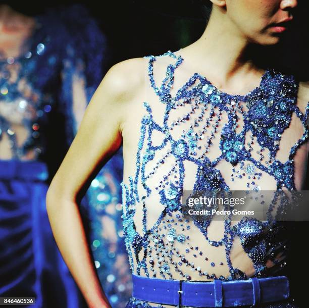 Model, dress detail, poses at the Mehmet Korkmaz presentation during Mercedes-Benz Istanbul Fashion Week September 2017 at Zorlu Center on September...