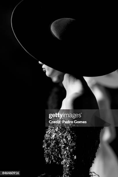 Model poses at the Mehmet Korkmaz presentation during Mercedes-Benz Istanbul Fashion Week September 2017 at Zorlu Center on September 13, 2017 in...