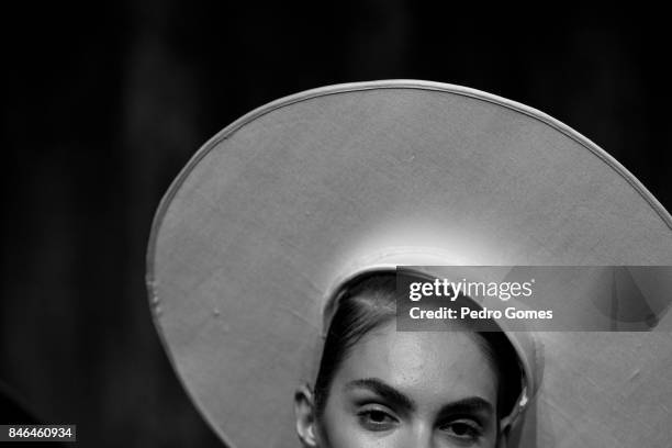 Model poses at the Mehmet Korkmaz presentation during Mercedes-Benz Istanbul Fashion Week September 2017 at Zorlu Center on September 13, 2017 in...