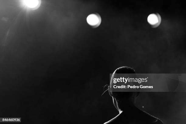 Model poses at the Mehmet Korkmaz presentation during Mercedes-Benz Istanbul Fashion Week September 2017 at Zorlu Center on September 13, 2017 in...