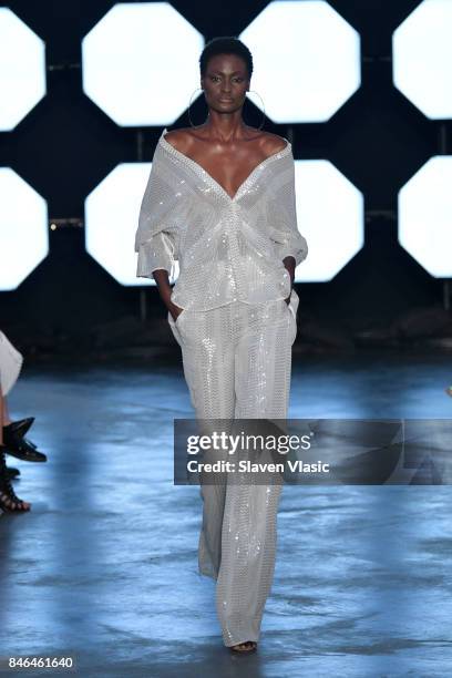 Model walks the runway for TRESemme at Sally LaPointe NYFW SS18 on September 12, 2017 in New York City. On September 12, 2017 in New York City.