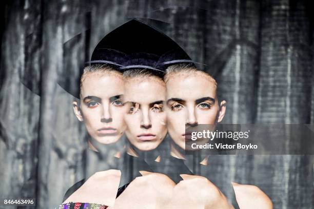 Model poses at the Mehmet Korkmaz presentation during Mercedes-Benz Istanbul Fashion Week September 2017 at Zorlu Center on September 13, 2017 in...