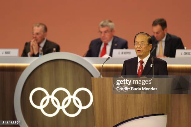 Of Tokyo 2020 Toshiro Muto delivers a speech during the 131th IOC Session - 2024 & 2028 Olympics Hosts Announcement at Lima Convention Centre on...