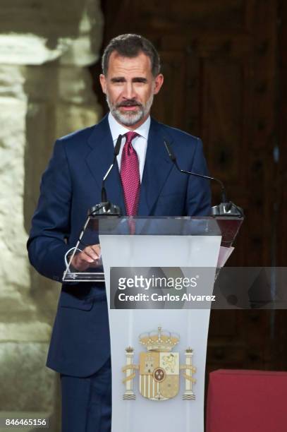King Felipe VI of Spain attends the 'National Culture' awards at the Santa Maria y San Julian Cathedral on September 13, 2017 in Cuenca, Spain.