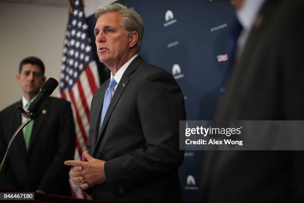 House Majority Leader Rep. Kevin McCarthy speaks as Speaker of the House Rep. Paul Ryan listens during a news briefing September 13, 2017 at the...