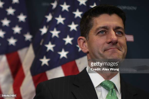 Speaker of the House Rep. Paul Ryan listens during a news briefing September 13, 2017 at the Capitol in Washington, DC. House Republican had a...