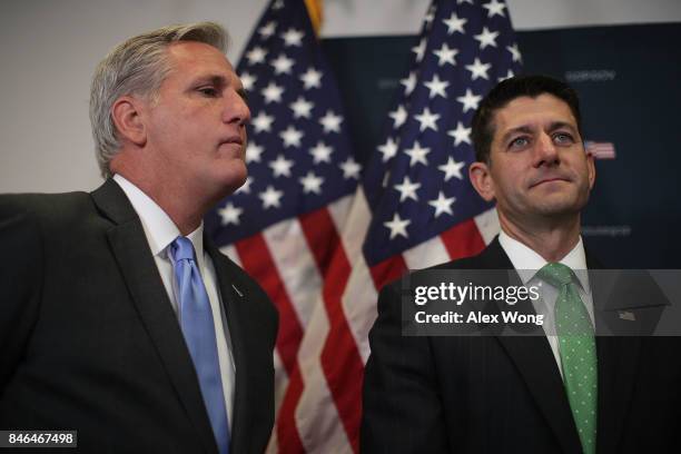 House Majority Leader Rep. Kevin McCarthy and Speaker of the House Rep. Paul Ryan listen during a news briefing September 13, 2017 at the Capitol in...