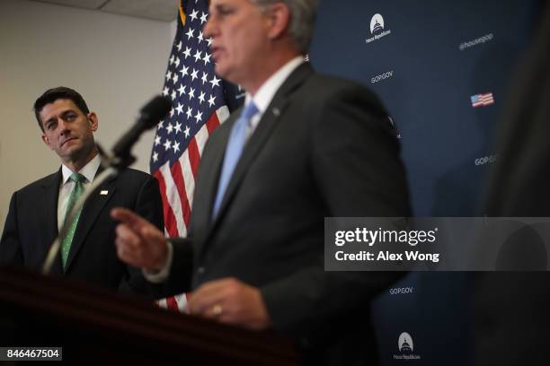 House Majority Leader Rep. Kevin McCarthy speaks as Speaker of the House Rep. Paul Ryan listens during a news briefing September 13, 2017 at the...