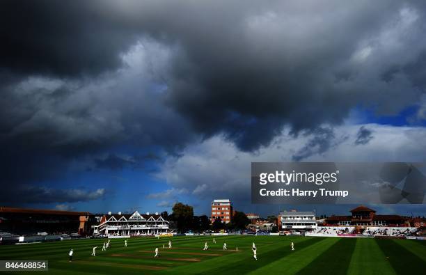 General view of play as a rainbow appears over the ground during Day Two of the Specsavers County Championship Division One match between Somerset...