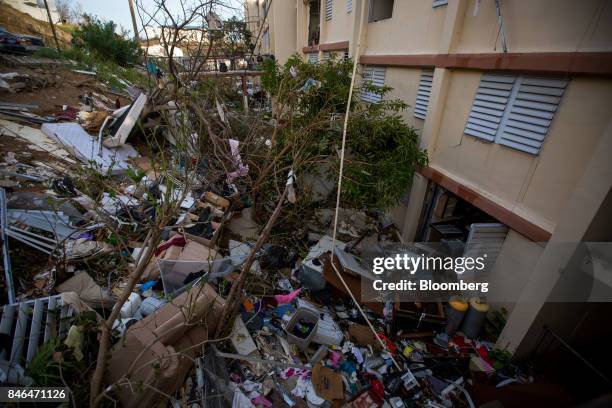 The belongings residents and debris sit outside of the Tutu High Rise building after Hurricane Irma in St Thomas, U.S. Virgin Islands, on Tuesday,...