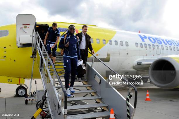 Jordan Lukaku disembarks the plane as SS Lazio travel to Arnhem ahead of their UEFA Europa League match against Vitesse Arnhem on September 13, 2017...