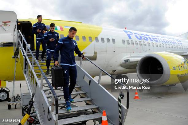 Luis Felipe Ramos disembarks the plane as SS Lazio travel to Arnhem ahead of their UEFA Europa League match against Vitesse Arnhem on September 13,...
