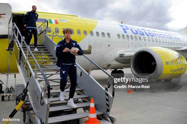 Patricio Gil Gabarron disembarks the plane as SS Lazio travel to Arnhem ahead of their UEFA Europa League match against Vitesse Arnhem on September...