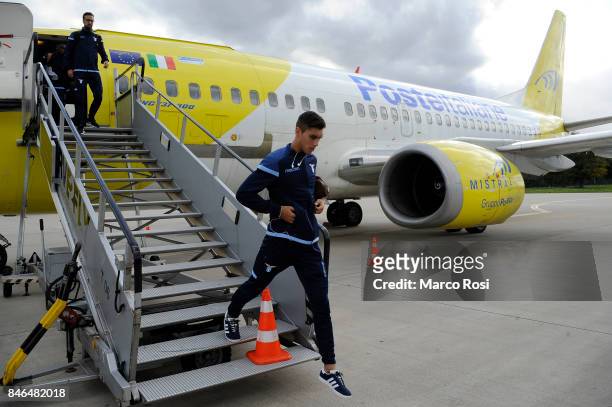 Bruno Jordao disembarks the plane as SS Lazio travel to Arnhem ahead of their UEFA Europa League match against Vitesse Arnhem on September 13, 2017...