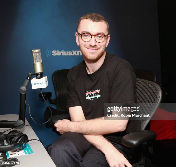 Sam Smith visits 'The Morning Mash Up' on SiriusXM Hits 1 at SiriusXM Studios on September 13, 2017 in New York City.