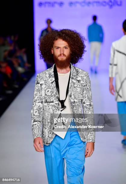 Model walks the runway at the Emre Erdemoglu show during Mercedes-Benz Istanbul Fashion Week September 2017 at Zorlu Center on September 13, 2017 in...