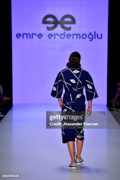 Model walks the runway at the Emre Erdemoglu show during Mercedes-Benz Istanbul Fashion Week September 2017 at Zorlu Center on September 13, 2017 in...