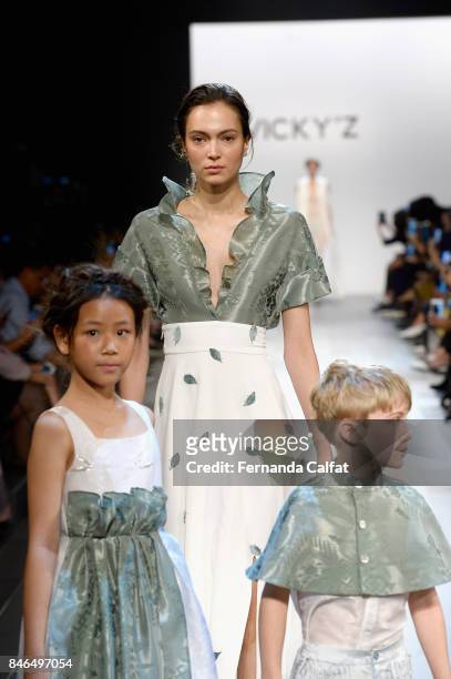 Models walk the runway at the Vicky Zhang fashion show during New York Fashion Week: The Shows at Gallery 1, Skylight Clarkson Sq on September 13,...