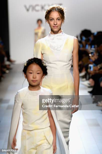 Models walk the runway at the Vicky Zhang fashion show during New York Fashion Week: The Shows at Gallery 1, Skylight Clarkson Sq on September 13,...