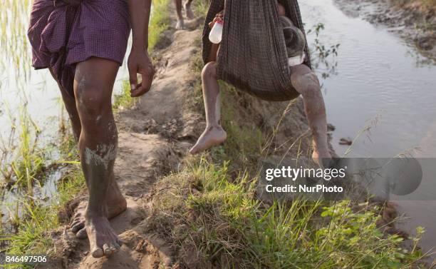 September 08, 2017 Takenuf, Bangladesh - Rohingya people, fled from ongoing military operations in Myanmars Rakhine state, make their way through...