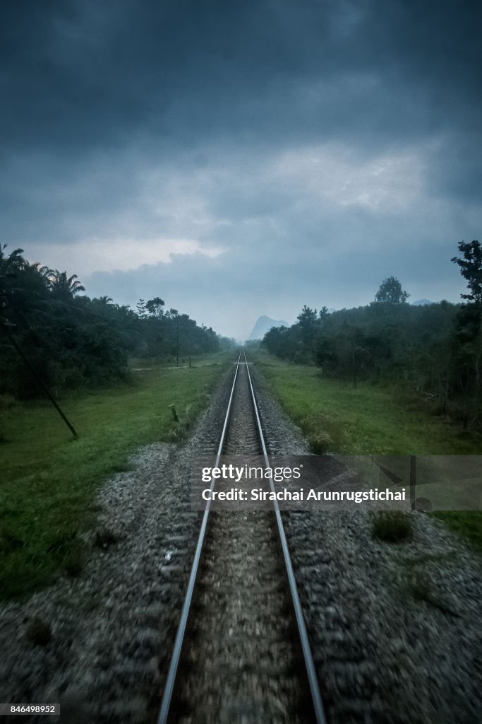 Moody Scene of railroad track in the forest