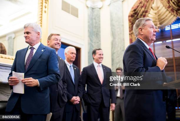 From left, Sen. Bill Cassidy, R-La., Sen. Dean Heller, R-Nev., Sen. Ron Johnson, R-Wisc., former Sen. Rick Santorum, R-Pa., and Sen. Lindsey Graham,...