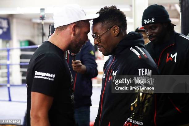 Billy Joe Saunders squares up to Willie Monroe Jr during a media work out at the Peacock Gym on September 13, 2017 in London, England.