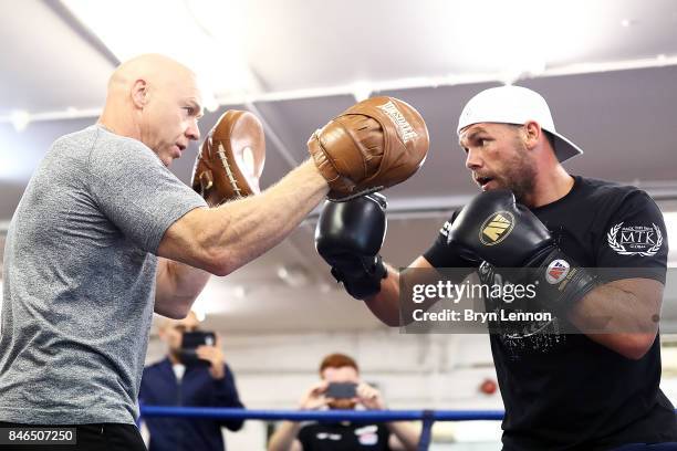 Billy Joe Saunders in action during a media work out at the Peacock Gym on September 13, 2017 in London, England.