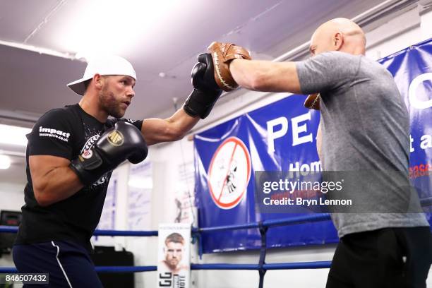 Billy Joe Saunders in action during a media work out at the Peacock Gym on September 13, 2017 in London, England.