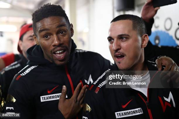 Willie Monroe Jr argues with Billy Joe Saunders during a media work out at the Peacock Gym on September 13, 2017 in London, England.