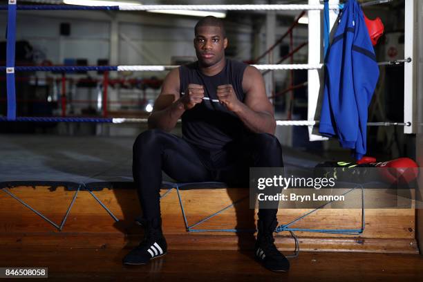 Daniel Dubois poses for a photo during a media work out at the Peacock Gym on September 13, 2017 in London, England.