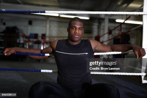 Daniel Dubois poses for a photo during a media work out at the Peacock Gym on September 13, 2017 in London, England.