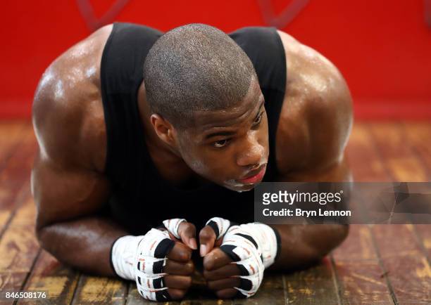 Daniel Dubois pin action during a media work out at the Peacock Gym on September 13, 2017 in London, England.