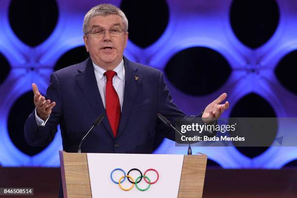 President Thomas Bach talks to the attendats during the 131th IOC Session - 2024 & 2028 Olympics Hosts Announcement at Lima Convention Centre on...