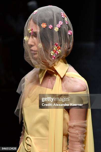 Model walks the runway at the Umit Kutluk show during Mercedes-Benz Istanbul Fashion Week September 2017 at Zorlu Center on September 13, 2017 in...