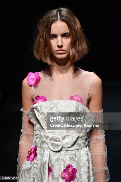 Model walks the runway at the Umit Kutluk show during Mercedes-Benz Istanbul Fashion Week September 2017 at Zorlu Center on September 13, 2017 in...