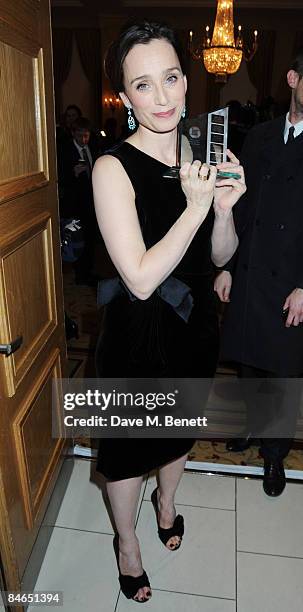 Actress Kristen Scott Thomas poses in the winners room with the British Actress in a supporting role Award during the The London Critics' Circle Film...